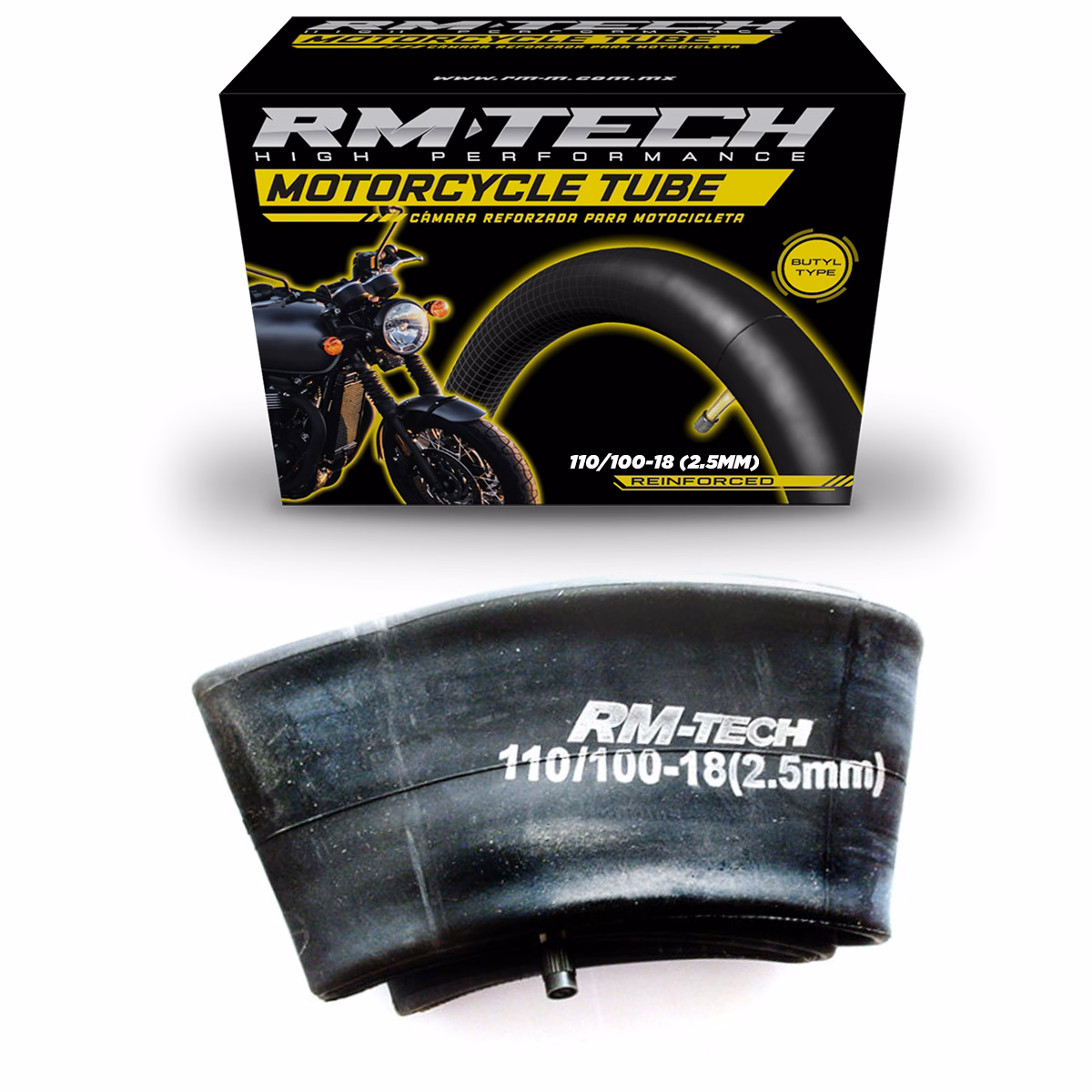 CAMARA DE BUTILO RMTECH PRES. EN CAJA 110/100-18 (2.00MM) HEAVY DUTY TR6 (VALVULA RECTA)