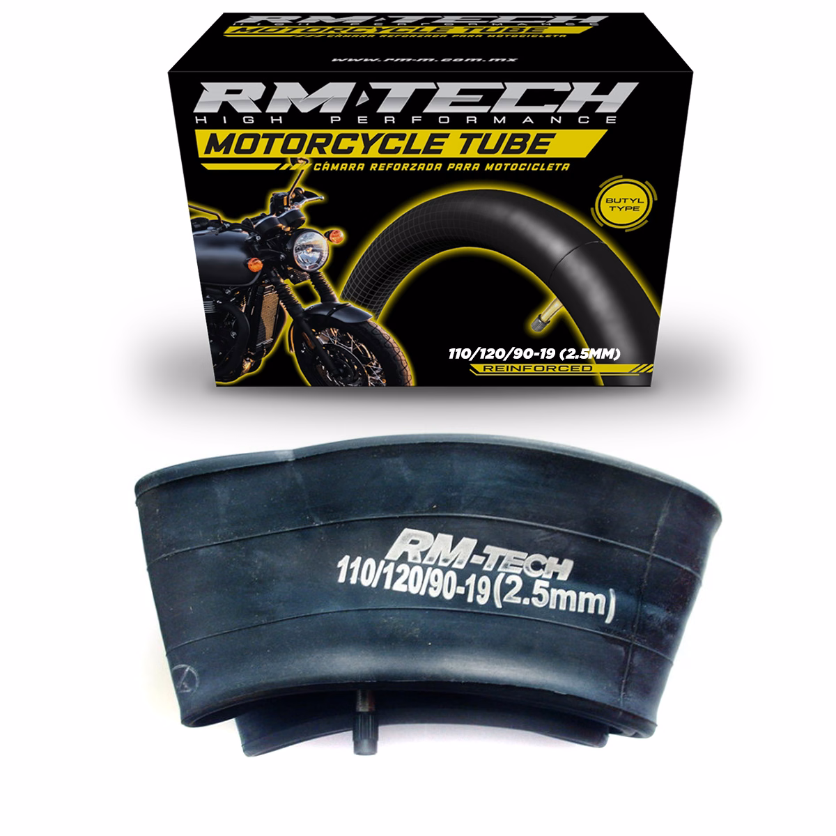 CAMARA DE BUTILO RMTECH PRES. EN CAJA 110/120/90-19 (2.00MM) HEAVY DUTY TR6 (VALVULA RECTA)