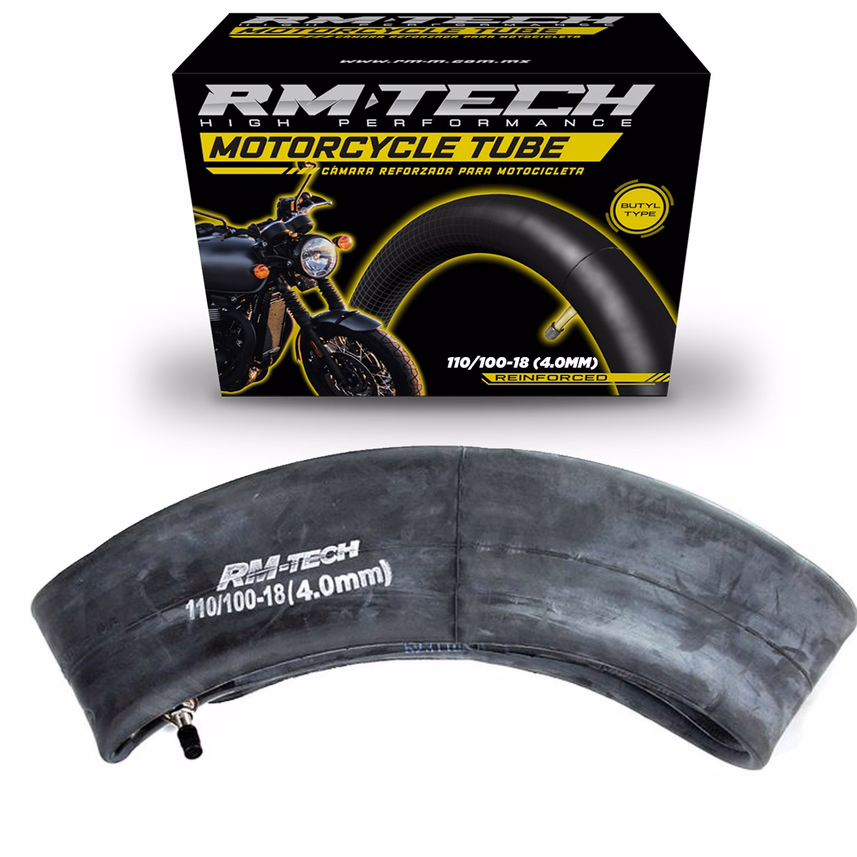 CAMARA DE BUTILO RMTECH PRES. EN CAJA 110/100-18 (4.00MM) EXTRA HEAVY DUTY TR6 (VALVULA RECTA)