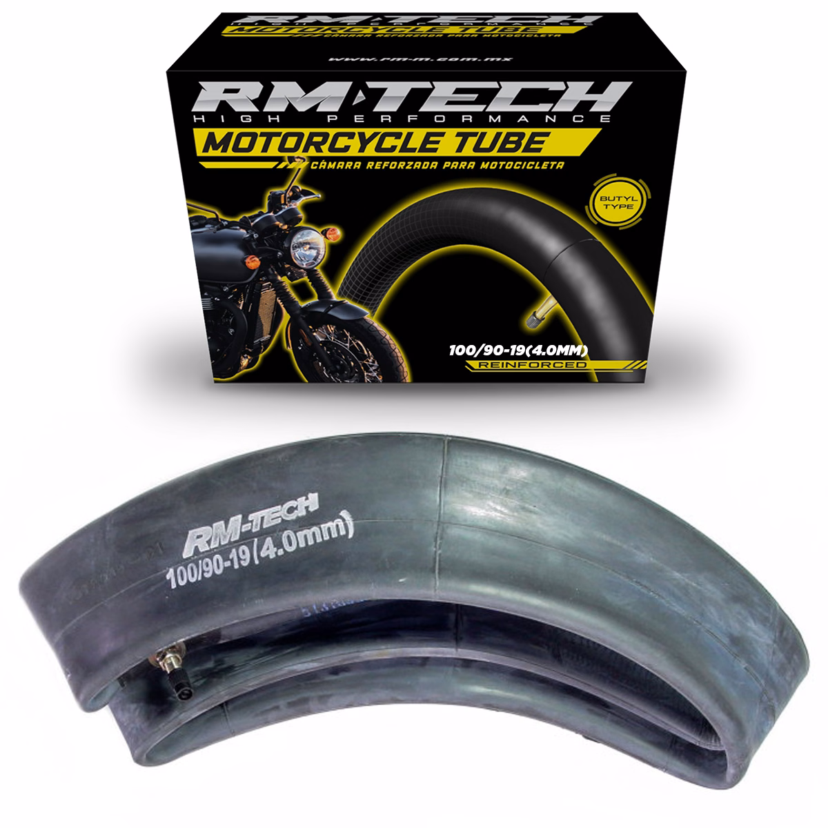 CAMARA DE BUTILO RMTECH PRES. EN CAJA 100/90-19 (4.00MM) EXTRA HEAVY DUTY TR6 (VALVULA RECTA)