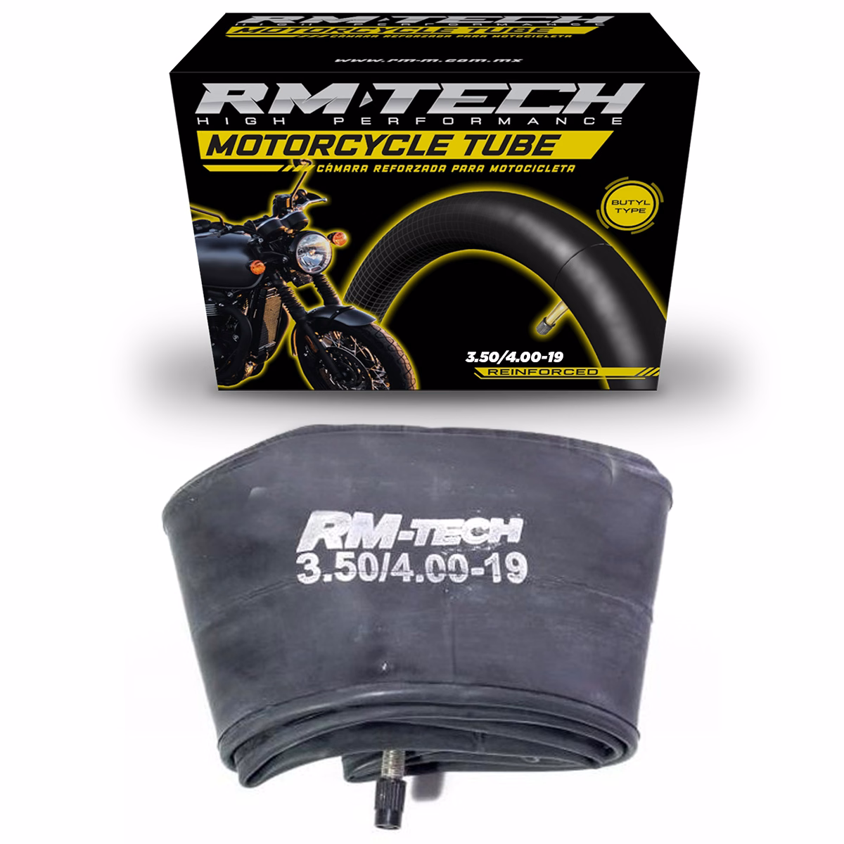 CAMARA DE BUTILO RMTECH PRES. EN CAJA 3.50/4.00-19 TR4 (VALVULA RECTA)
