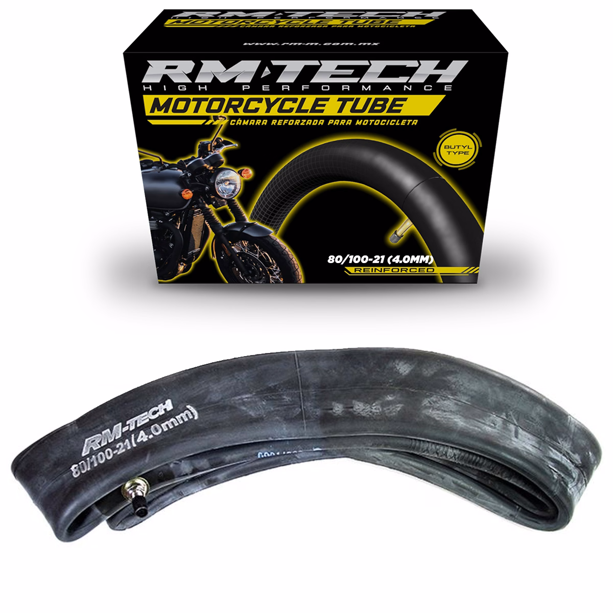 CAMARA DE BUTILO RMTECH PRES. EN CAJA 80/100-21 (4.00MM) EXTRA HEAVY DUTY TR6 (VALVULA RECTA)