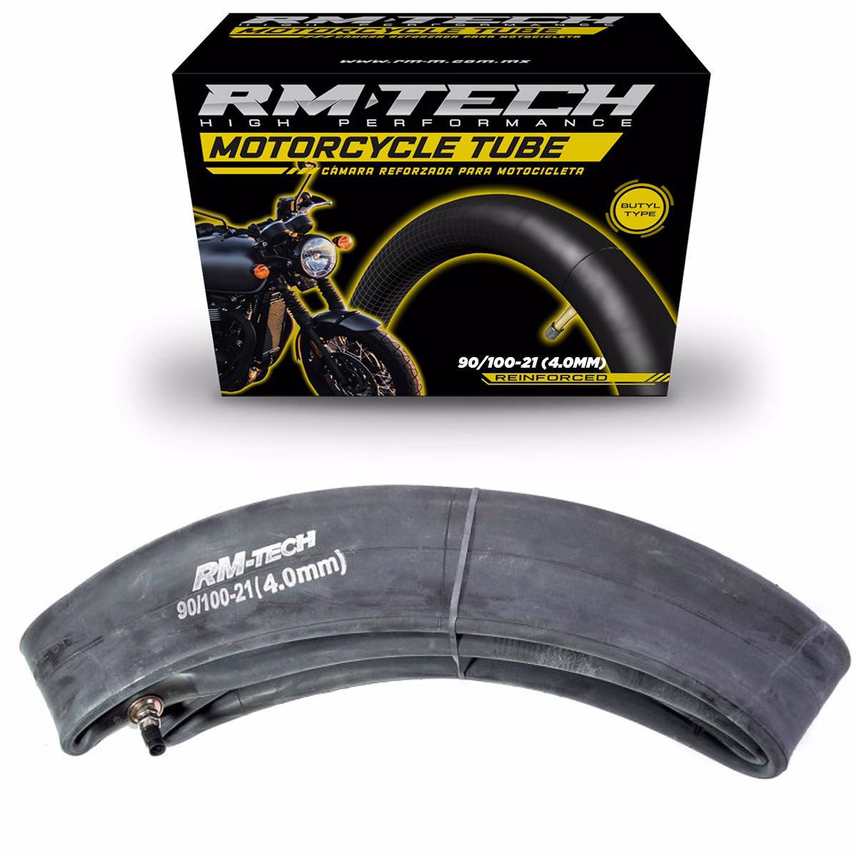 CAMARA DE BUTILO RMTECH PRES. EN CAJA 90/100-21 (4.00MM) EXTRA HEAVY DUTY TR6 (VALVULA RECTA)