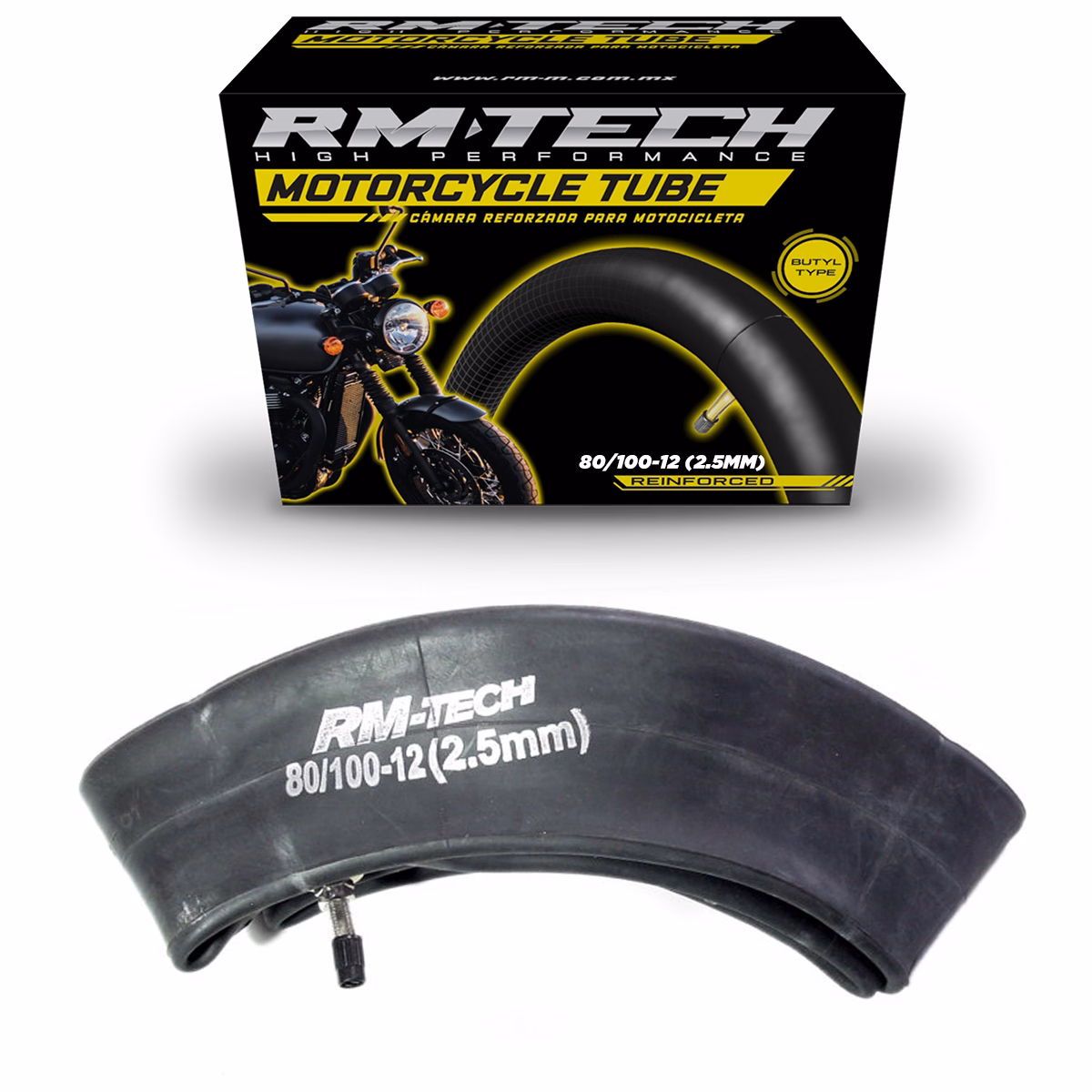 CAMARA DE BUTILO RMTECH PRES. EN CAJA 80/100-12 (2.00MM) HEAVY DUTY TR6 (VALVULA RECTA)