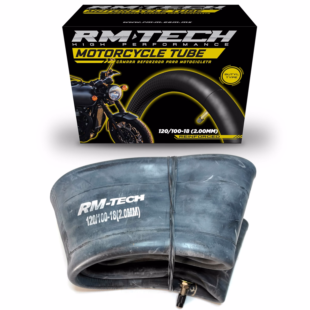 CAMARA DE BUTILO RMTECH PRES. EN CAJA 120/100-18 (2.00MM) HEAVY DUTY TR4 (VALVULA RECTA)