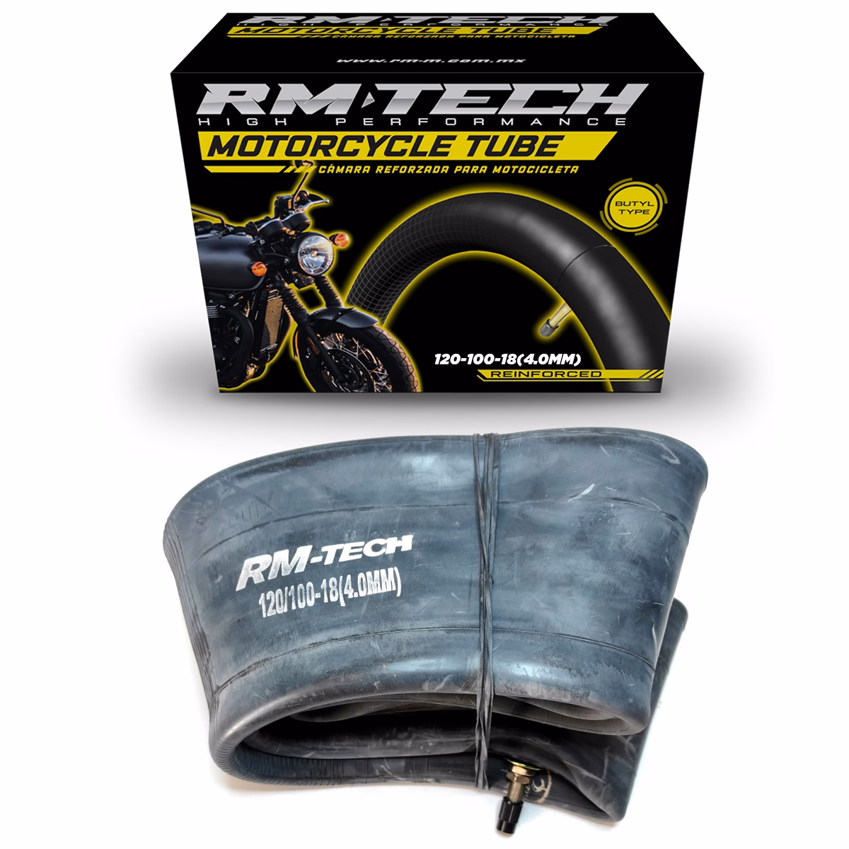 CAMARA DE BUTILO RMTECH PRES. EN CAJA 120/100-18 (4.00MM) EXTRA HEAVY DUTY TR4 (VALVULA RECTA)