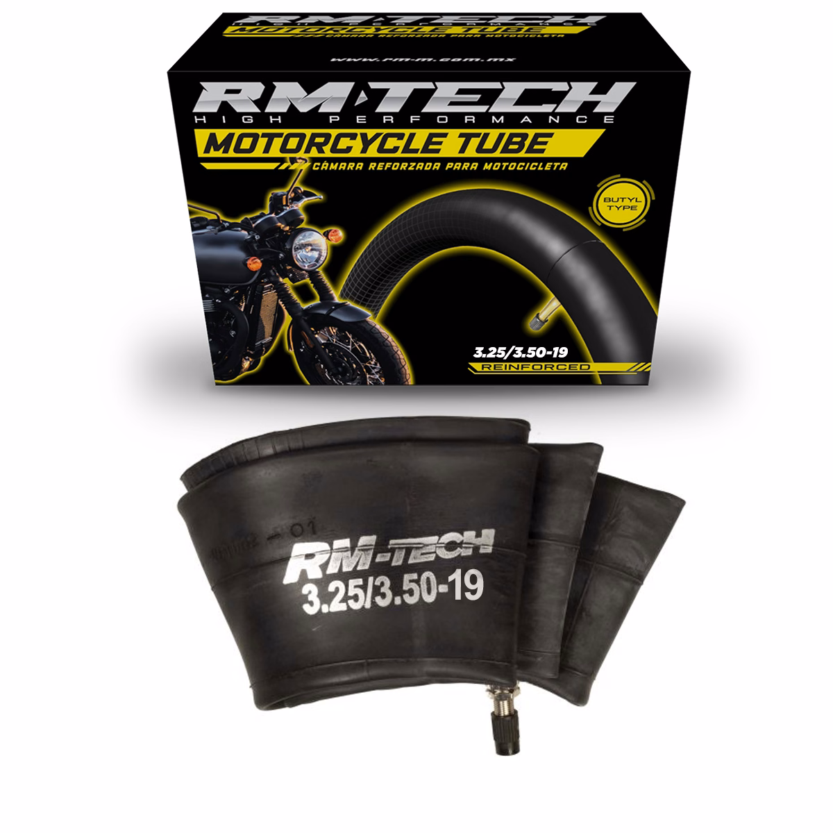 CAMARA DE BUTILO RMTECH PRES. EN CAJA 3.25/3.50-19 TR4 (VALVULA RECTA)