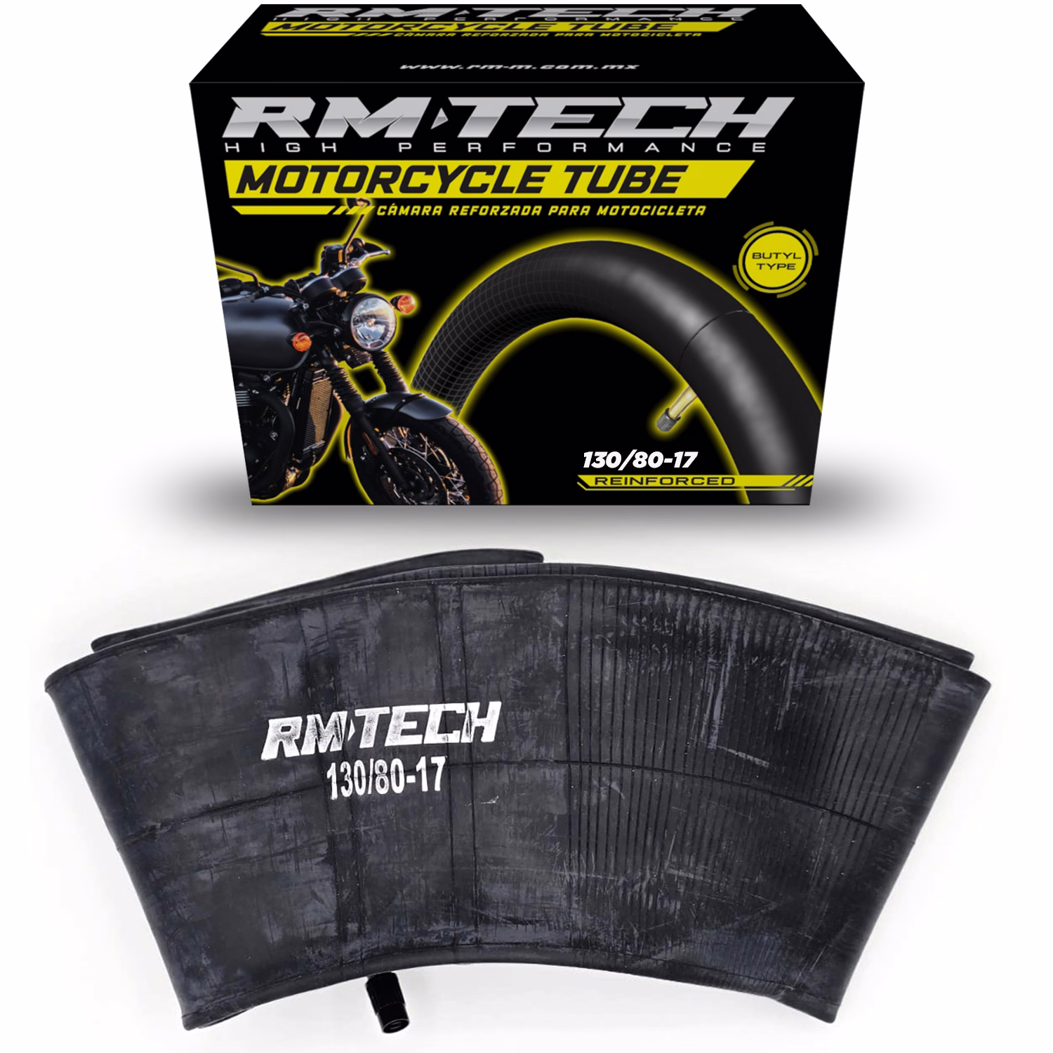 CAMARA DE BUTILO RMTECH PRES. EN CAJA 130/80-17 TR6 (VALVULA RECTA)