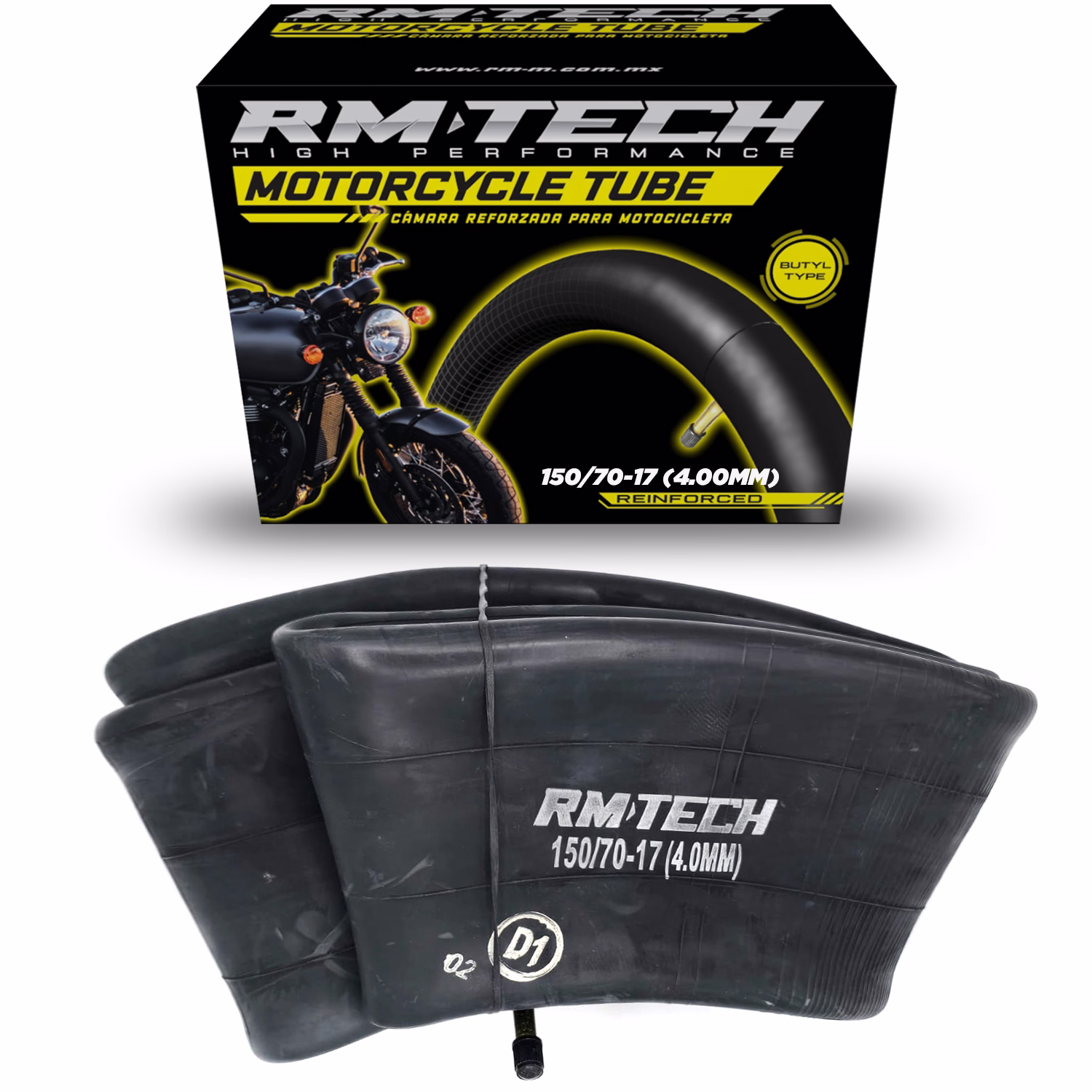 CAMARA DE BUTILO RMTECH PRES. EN CAJA 150/70-17 (4.00MM) EXTRA HEAVY DUTY TR87 (VALVULA CURVA)