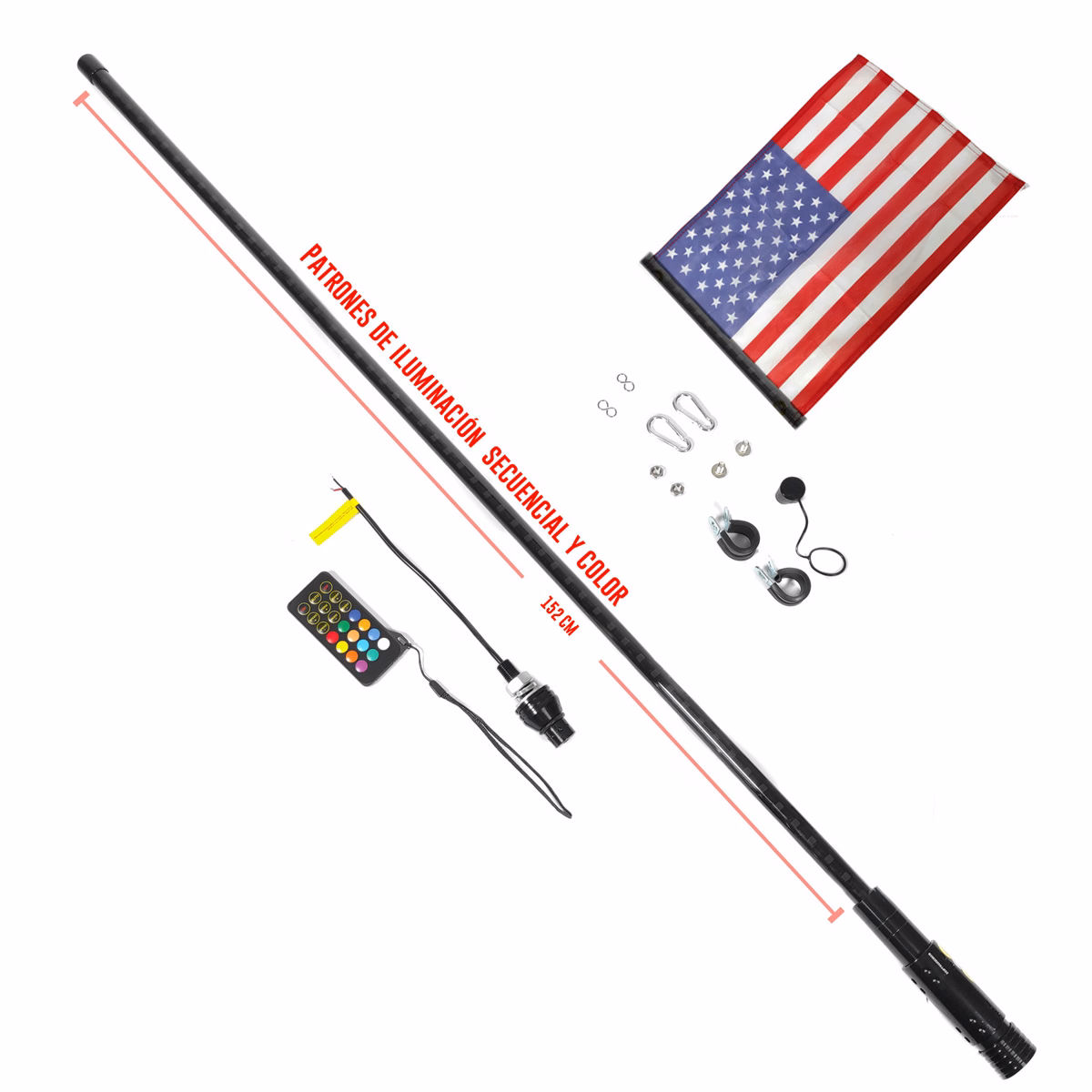 BARRA BANDERIN UNIVERSAL 12V P/ ATV/UTV'S 152cm (5FT) MULTICOLORES (1 BARRA)