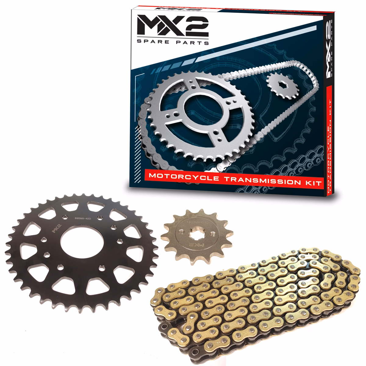 JUEGO DE ENGRANES CON CADENA MX2 P/ DUKE-200 (42/14, 520HOR O-RING X 118L GOLD&BLACK)
