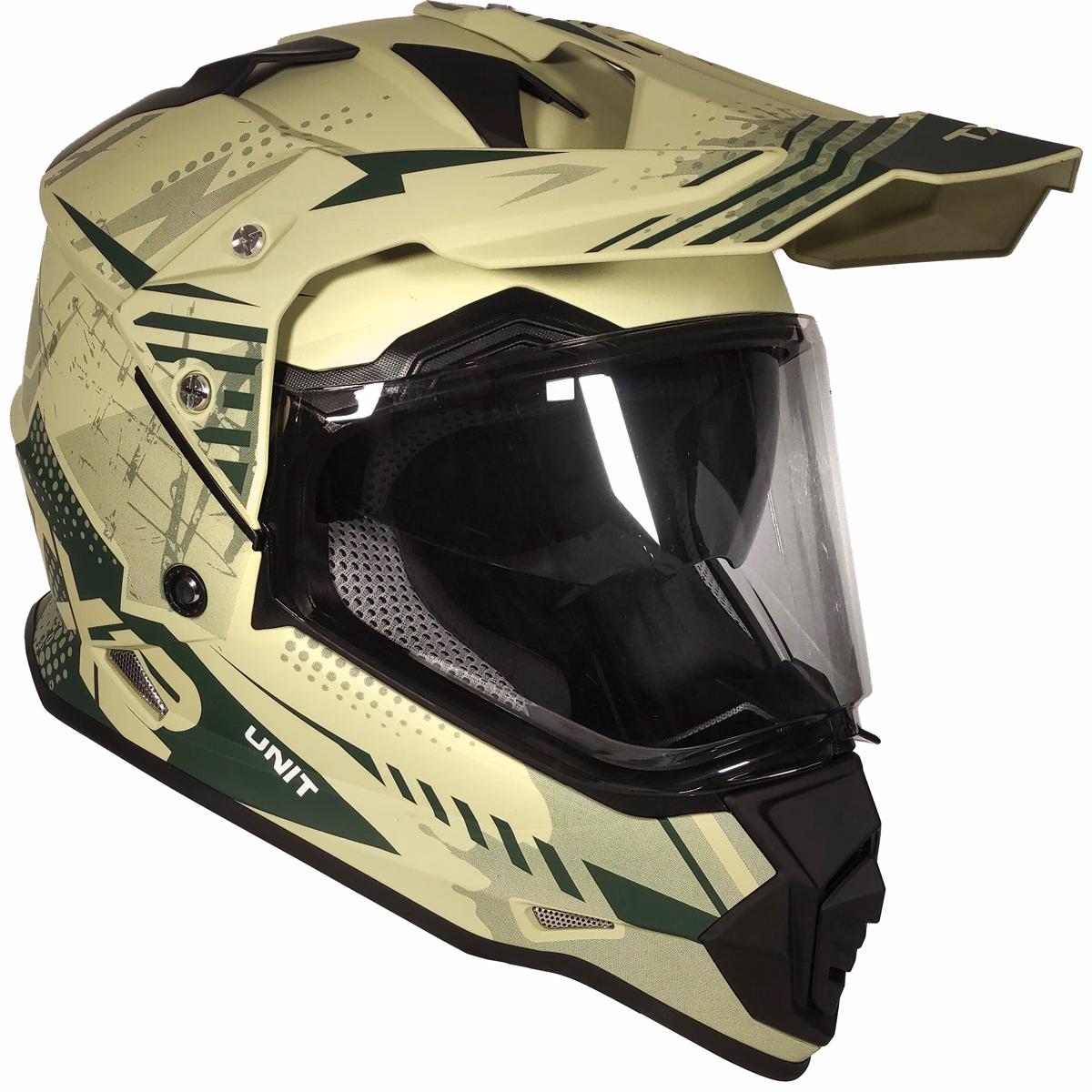 CASCO TECHX2 632A CROSS/STREET CON MICA HUMO CLARO Y LENTE INTERNO UNIT JUNGLE VERDE MATE TALLA: EEG (PRECIO POR PIEZA) (DE 1 A 5 PIEZAS) NORMA EUROPEA ECER22-06