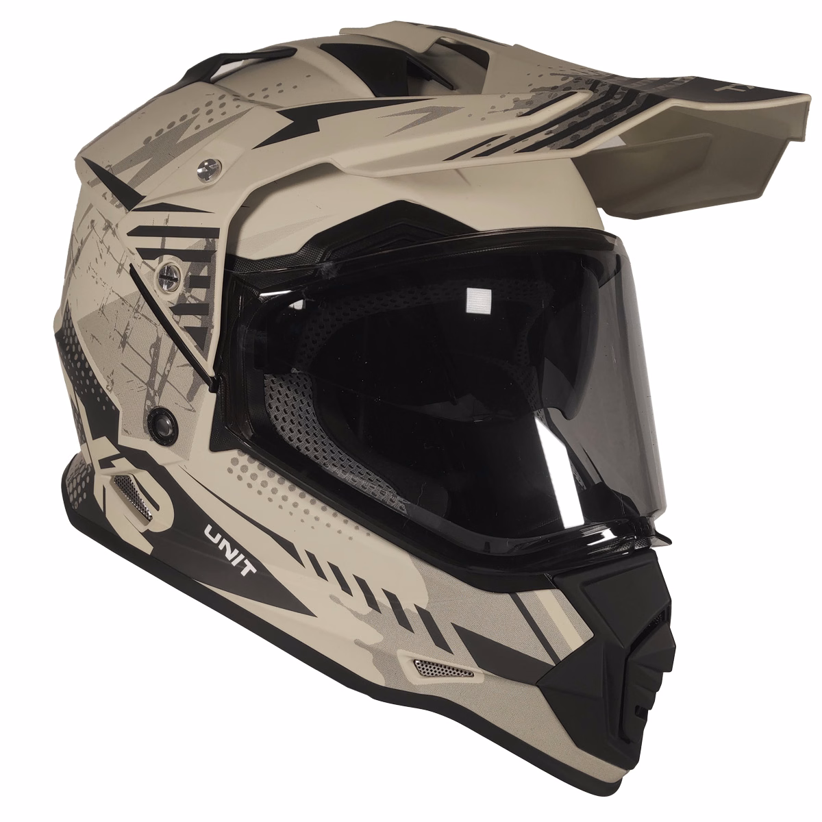 CASCO TECHX2 632A CROSS/STREET CON MICA HUMO CLARO Y LENTE INTERNO SAND ARENA MATE TALLA: EG (PRECIO POR PIEZA) (DE 1 A 5 PIEZAS) NORMA EUROPEA ECER22-06