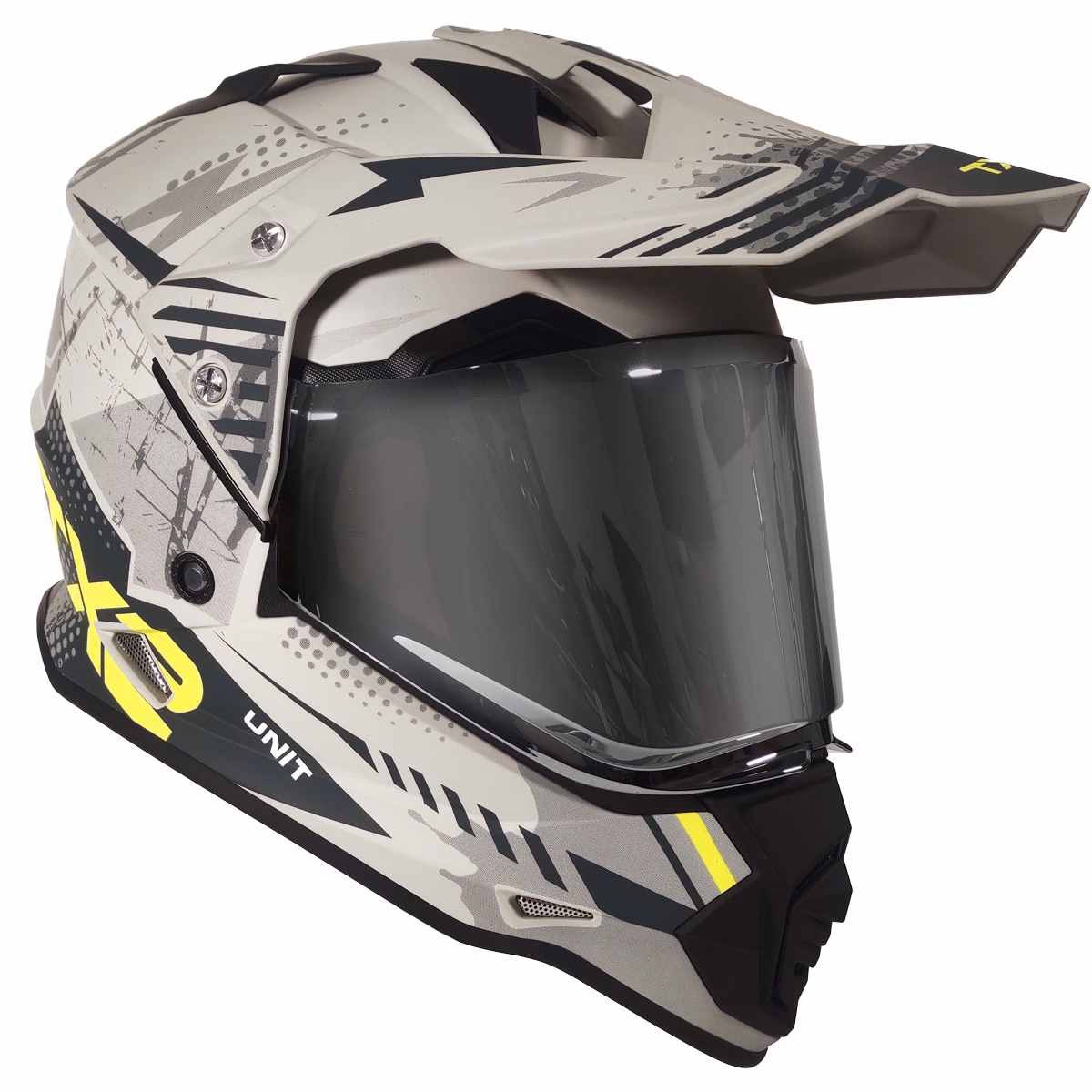 CASCO TECHX2 632A CROSS/STREET CON MICA PLATA Y LENTE INTERNO TUNDRA GRIS/FLUORESCENTE MATE TALLA: M (PRECIO POR PIEZA) (DE 1 A 5 PIEZAS) NORMA EUROPEA ECER22-06