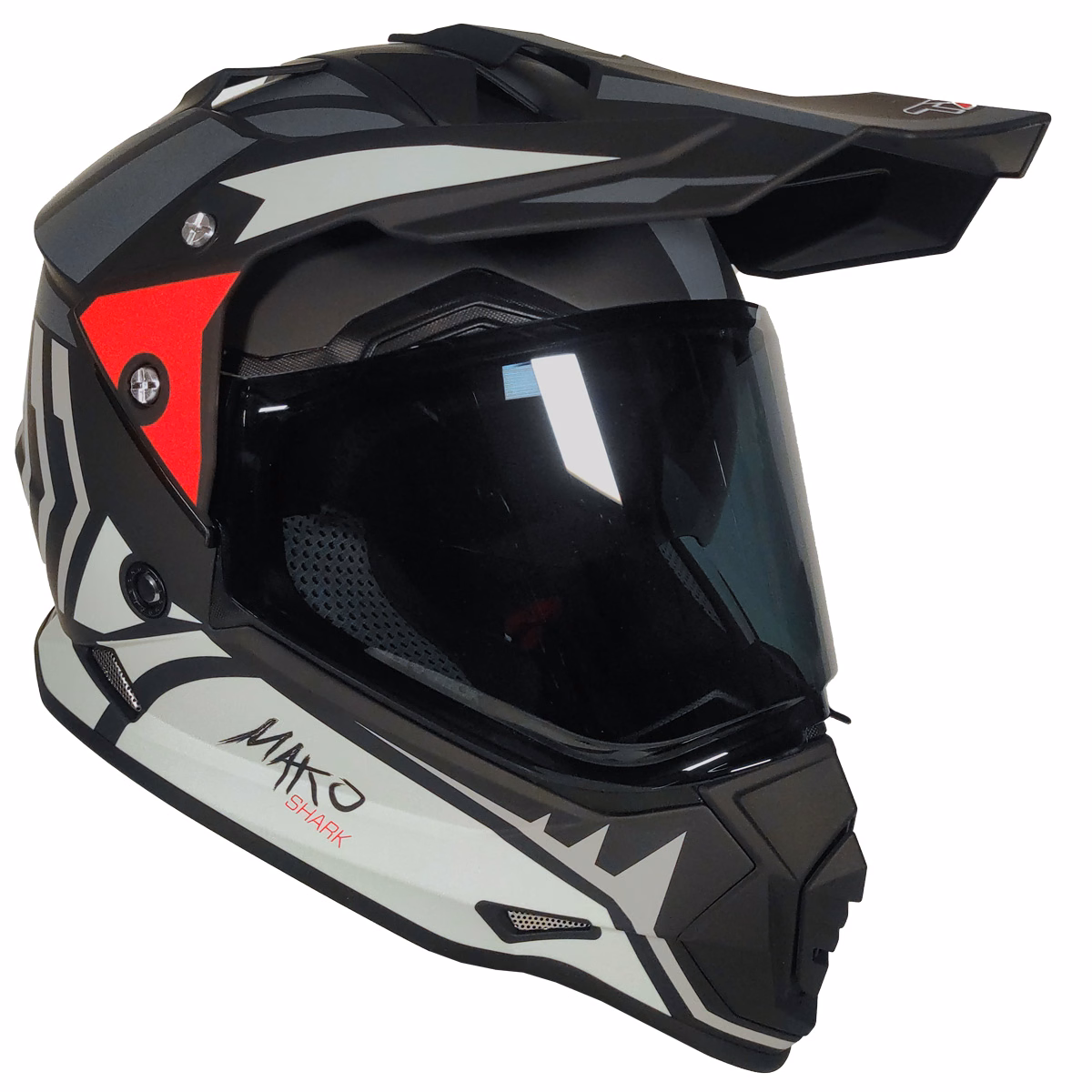 CASCO TECHX2 632A CROSS/STREET CON MICA HUMO OBSCURO Y LENTE INTERNO MAKO FULL GREY NEGRO/GRIS/ROJO MATE TALLA: G (PRECIO POR PIEZA) (DE 1 A 5 PIEZAS) NORMA EUROPEA ECER22-06