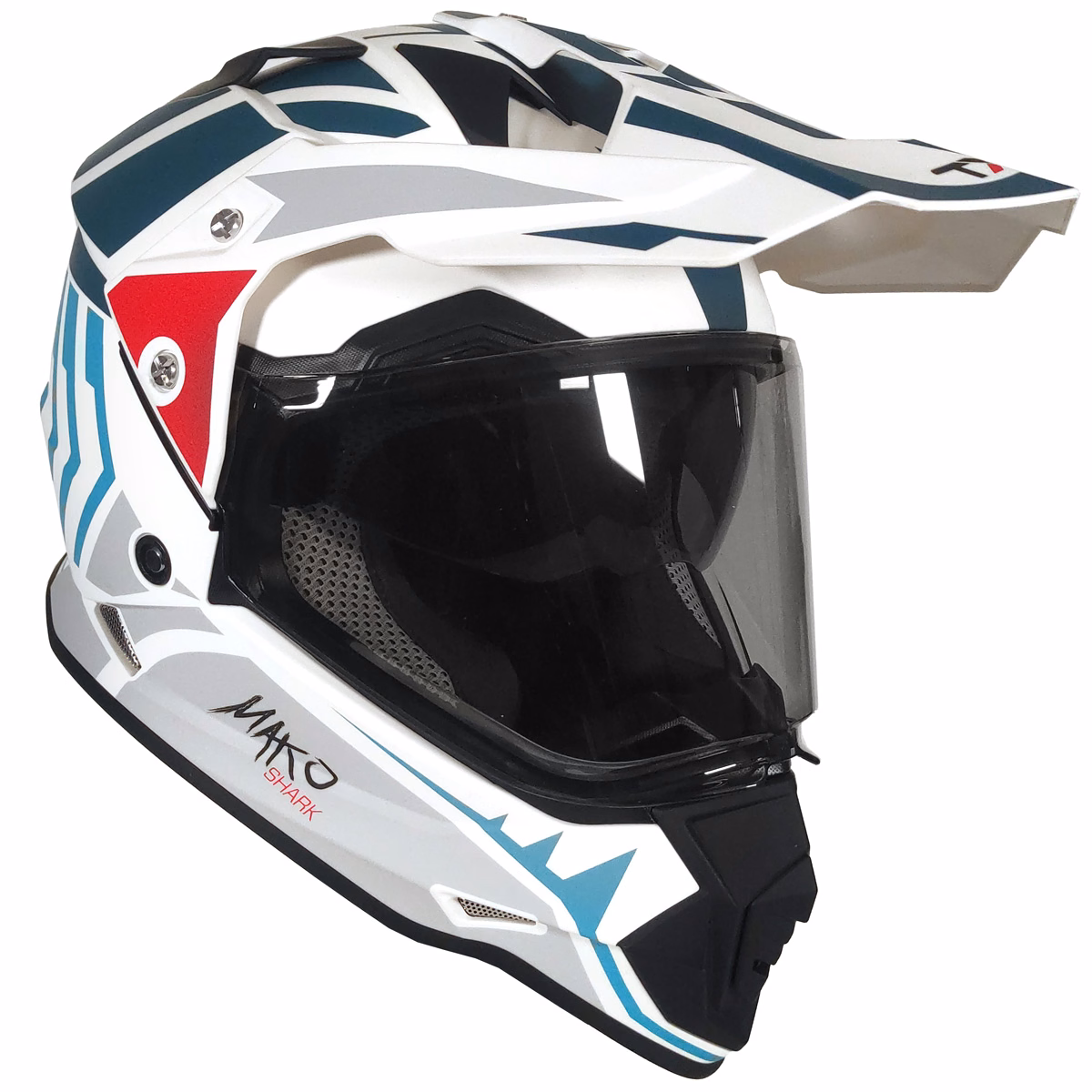 CASCO TECHX2 632A CROSS/STREET CON MICA HUMO CLARO Y LENTE INTERNO MAKO WHITE CELL BLANCO/AZUL/GRIS/ROJO MATE  TALLA: G (PRECIO POR PIEZA) (DE 1 A 5 PIEZAS) NORMA EUROPEA ECER22-06