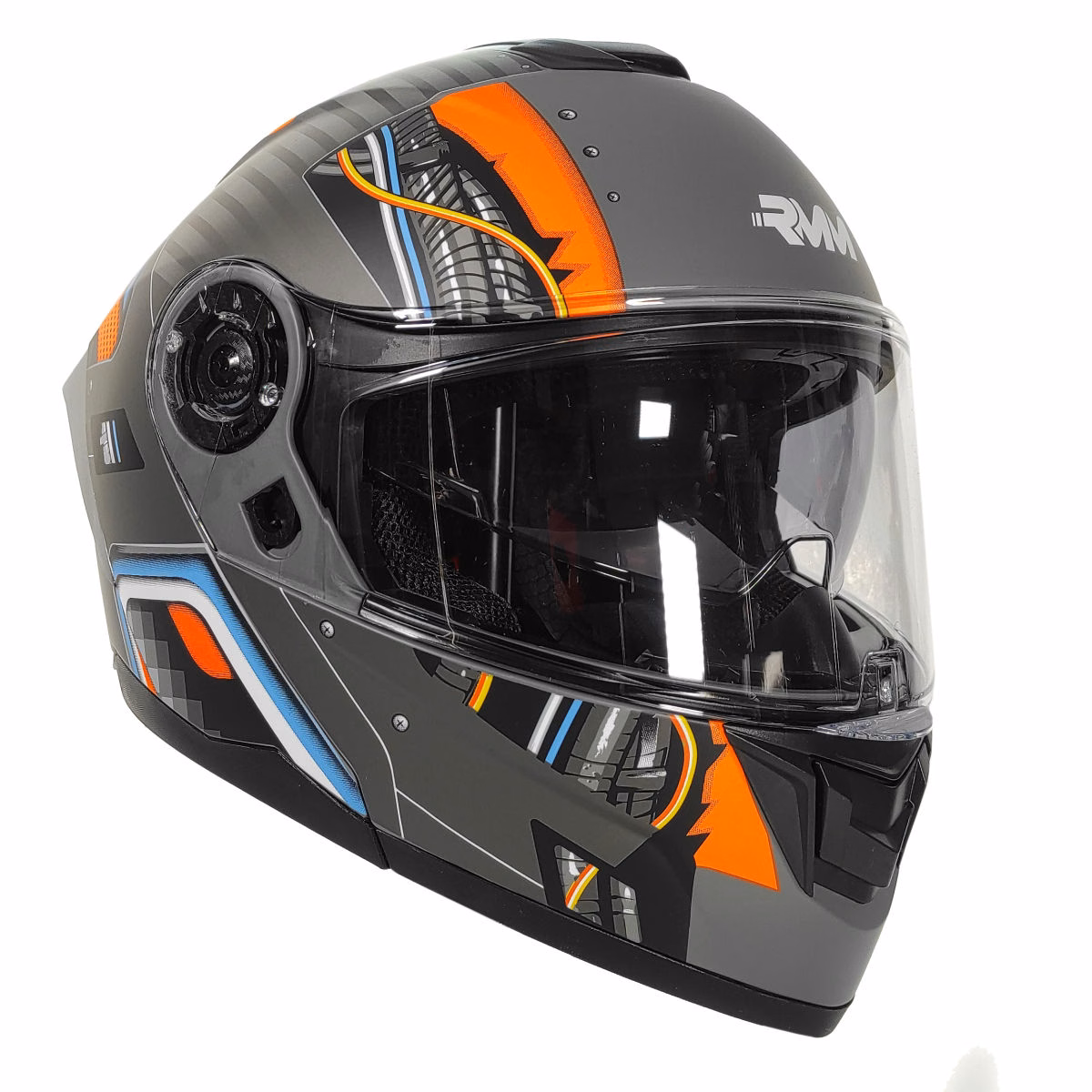 CASCO RMM ABATIBLE HF900 REMOTE GRIS/NARANJA/AZUL MICA TRANSPARENTE Y LENTE INTERNO TALLA: M (PRECIO POR PIEZA) (DE 1 A 5 PIEZAS) NORMA AMERICANA DOT