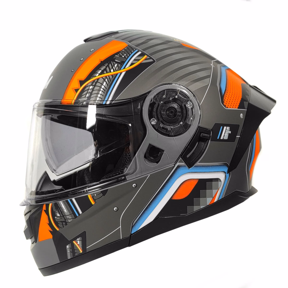 CASCO RMM ABATIBLE HF900 REMOTE GRIS/NARANJA/AZUL MICA TRANSPARENTE Y LENTE INTERNO TALLA: EEG (PRECIO POR PIEZA) (DE 1 A 5 PIEZAS) NORMA AMERICANA DOT