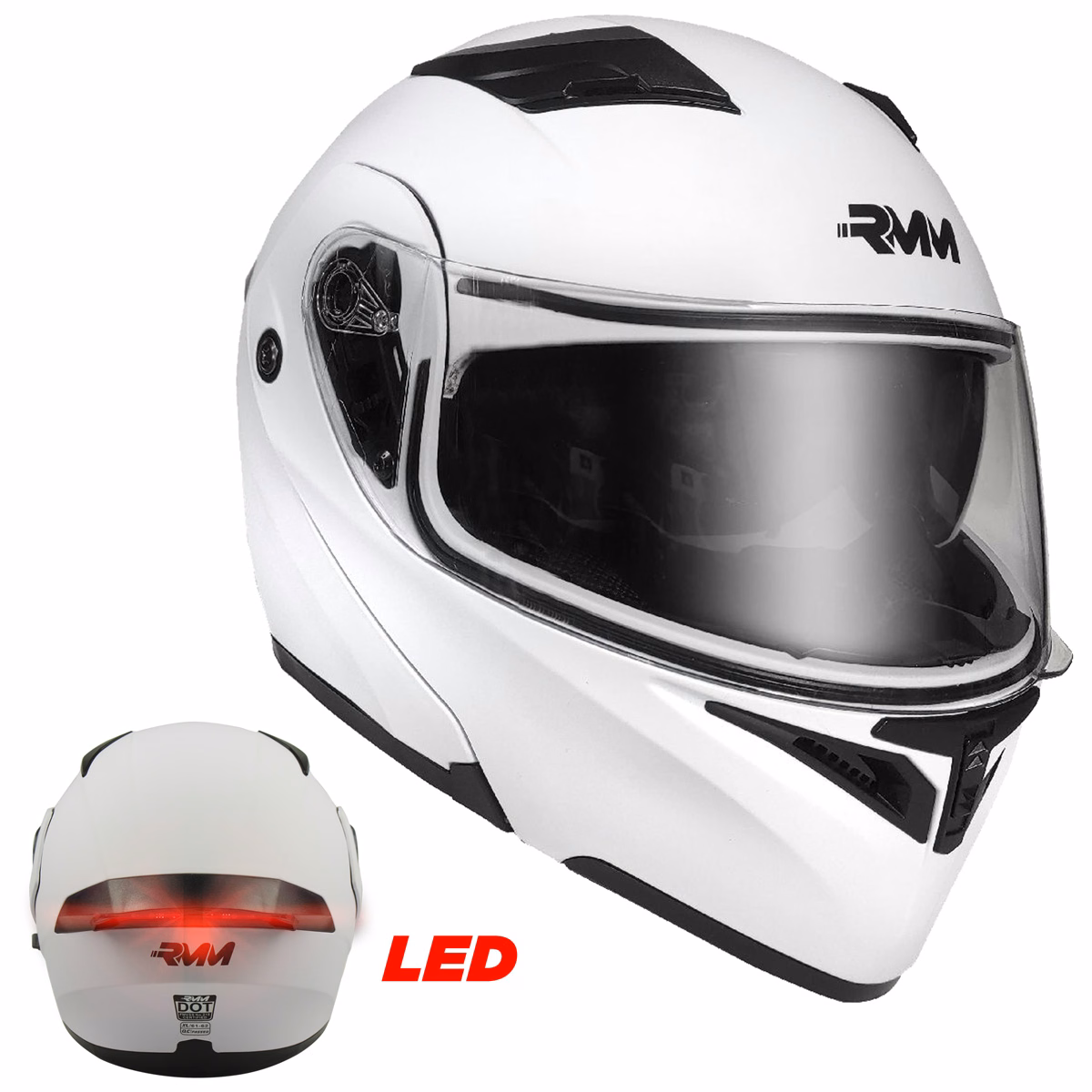 CASCO RMM 169 ABATIBLE BLANCO MATE CON LENTE INTERNO Y LUZ LED TALLA: M (PRECIO POR PIEZA) (DE 1 A 5 PIEZAS) NORMA AMERICANA DOT