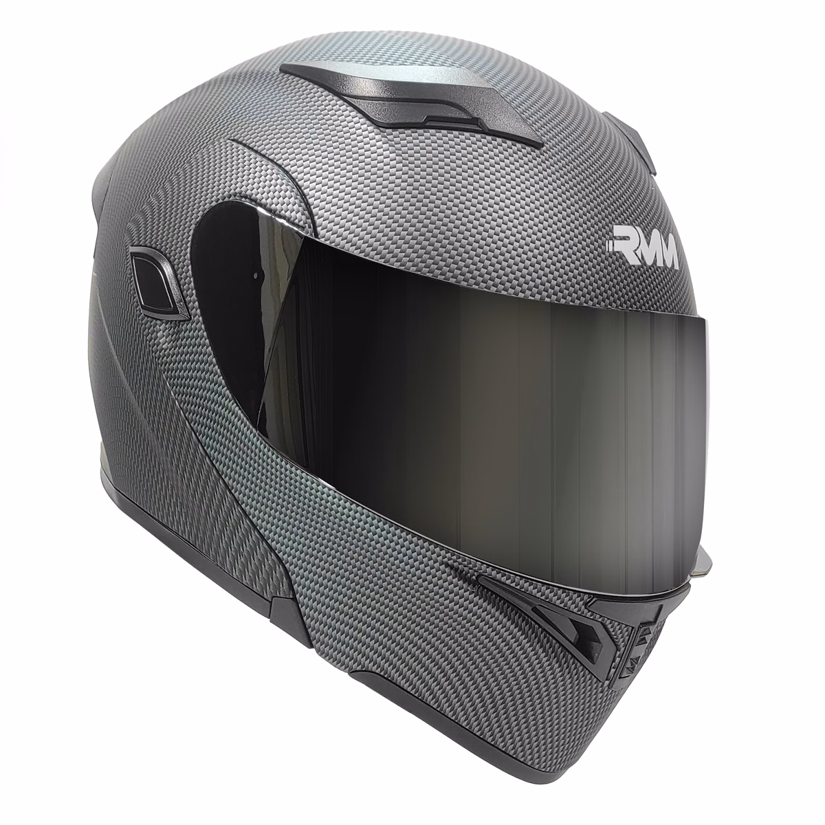 CASCO RMM 169 ABATIBLE FIBRA DE CARBON CON LENTE INTERNO, LUZ LED Y MICA PLATA TALLA: M (PRECIO POR PIEZA) (DE 1 A 5 PIEZAS) NORMA AMERICANA DOT