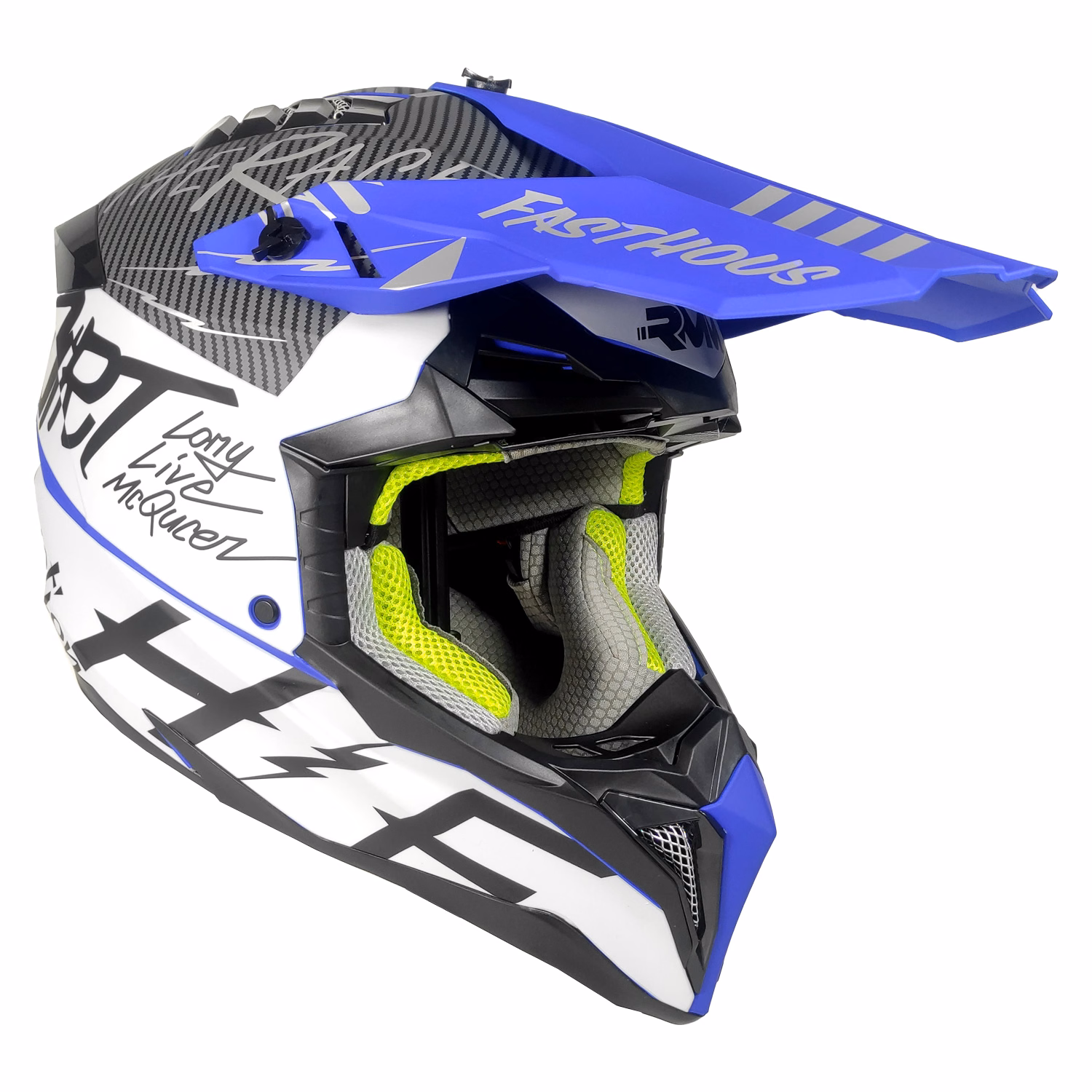 CASCO RMM 189 CROSS GRAFICOS AZUL/BLANCO MATE TALLA: EEG (PRECIO POR PIEZA) (DE 1 A 5 PIEZAS) NORMA AMERICANA DOT