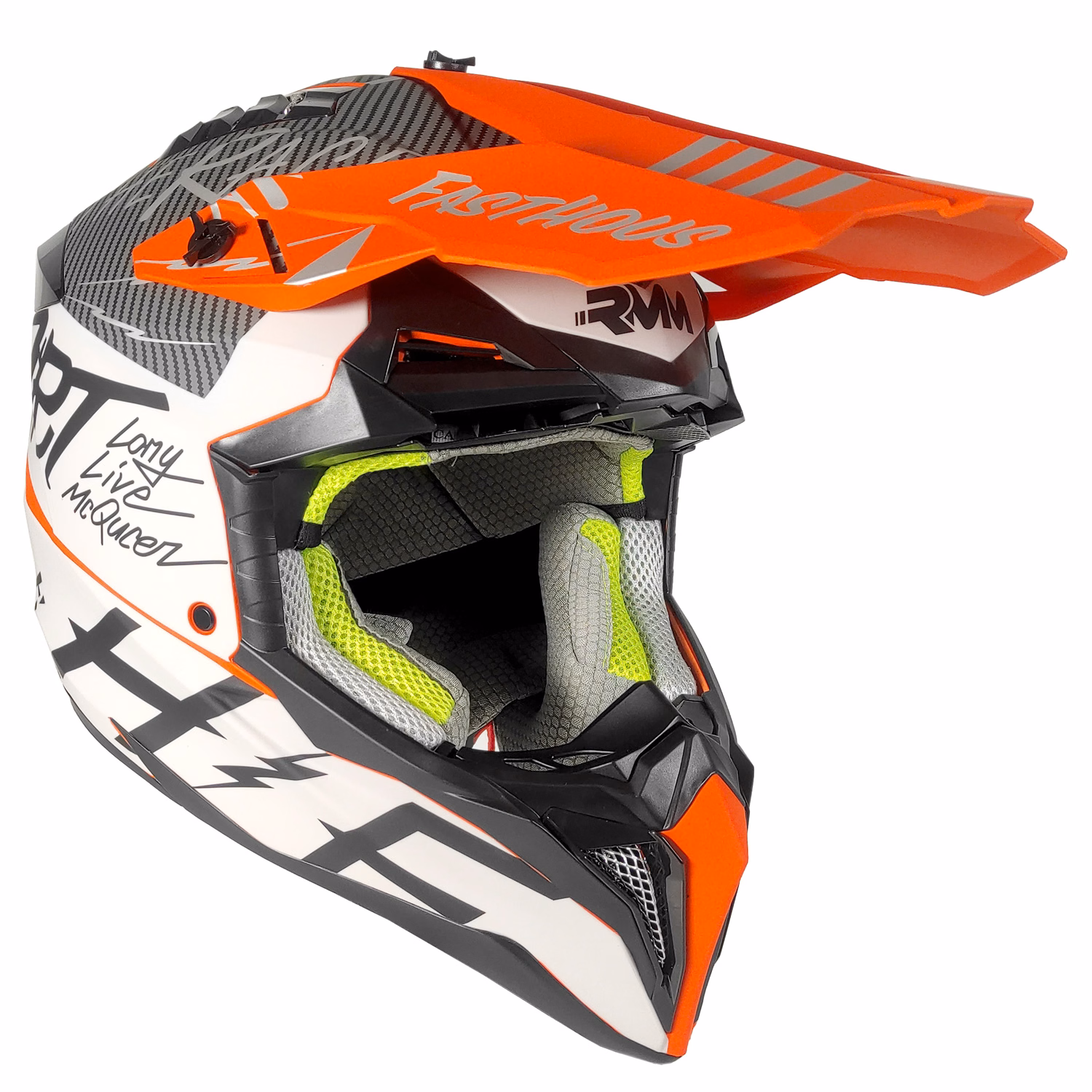 CASCO RMM 189 CROSS GRAFICOS NARANJA/BLANCO MATE TALLA: EEG (PRECIO POR PIEZA) (DE 1 A 5 PIEZAS) NORMA AMERICANA DOT