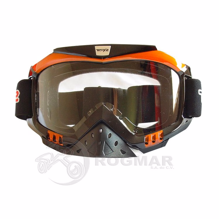 GAFAS PROTECTORAS PARA MOTOCICLISTA (GOGGLE) TECHX2 CROSS NEGRO/NARANJA C/ MICA TRANSPARENTE SG655