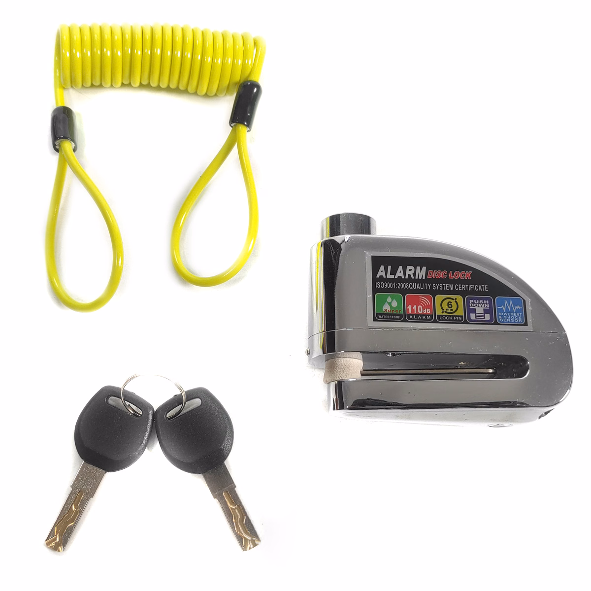 CANDADO FRENO DISCO C/ ALARMA 9V ALUMINIO CROMADO C/ CABLE RECORDATORIO
