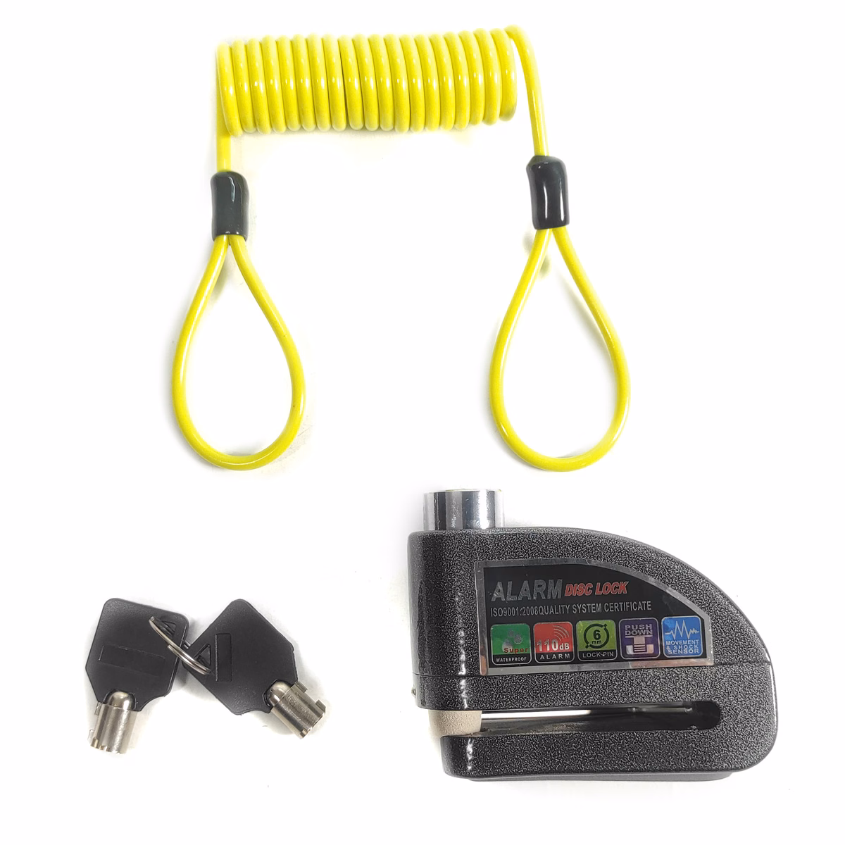 CANDADO FRENO DISCO C/ ALARMA 9V ALUMINIO NEGRO C/ CABLE RECORDATORIO
