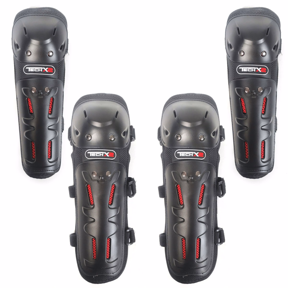 PROTECTORES DE PIERNAS Y CODOS TECHX2 NEGROS/ROJO K10H10 (JUEGO)