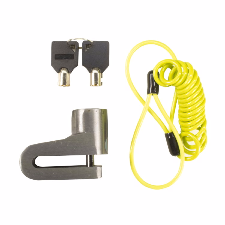 CANDADO FRENO DISCO UNIVERSAL PLATA C/ CABLE RECORDATORIO (JUEGO)