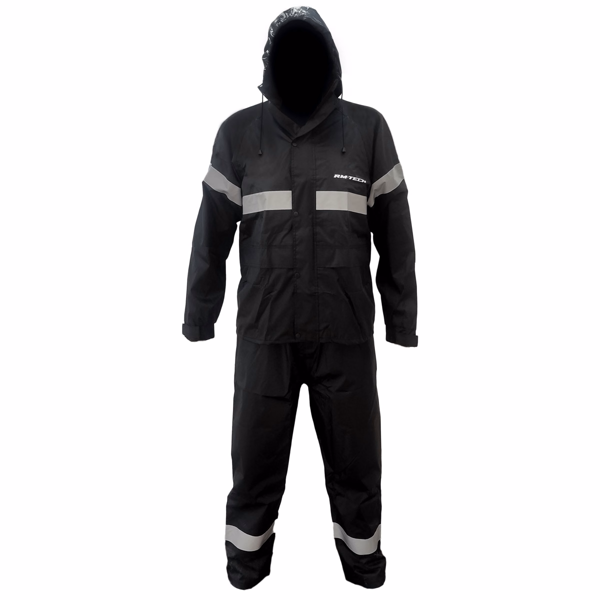 IMPERMEABLE RMTECH NEGRO C/ REFLEJANTE EN AMBAS PIERNAS, ESPALDA Y MANGAS  TALLA: G